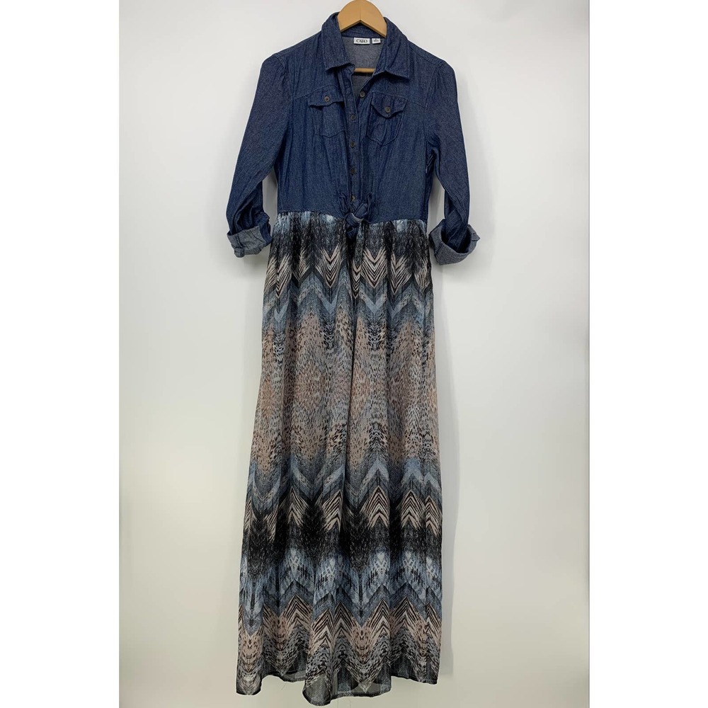 Cato Womens 10 Blue Pink Long Roll Tab Sleeve Maxi Dress Denim and Chiffon
